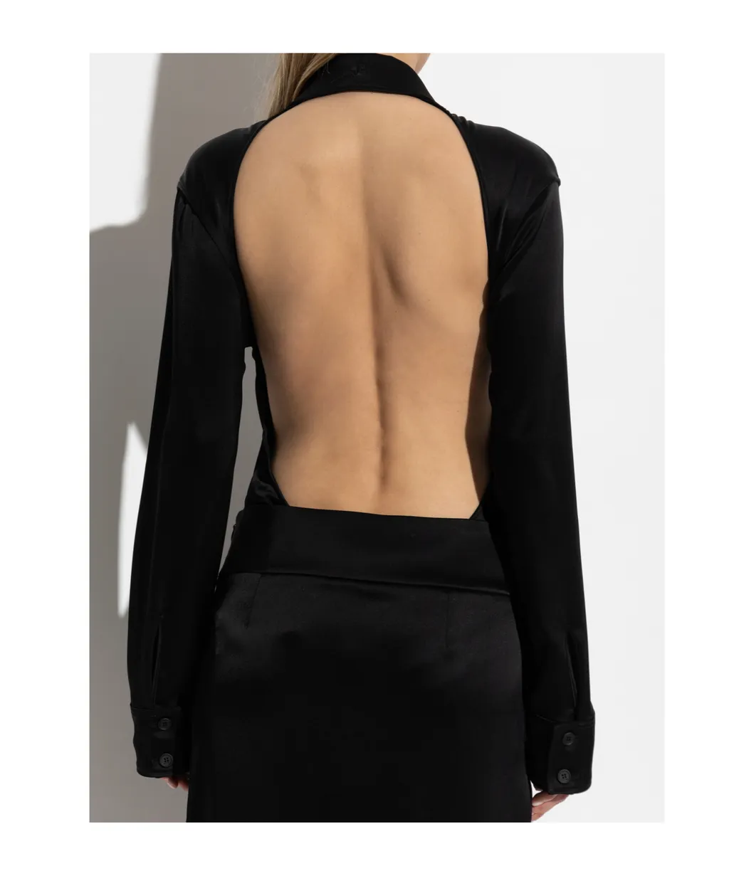 Backless Satin Shirt Bodysuit