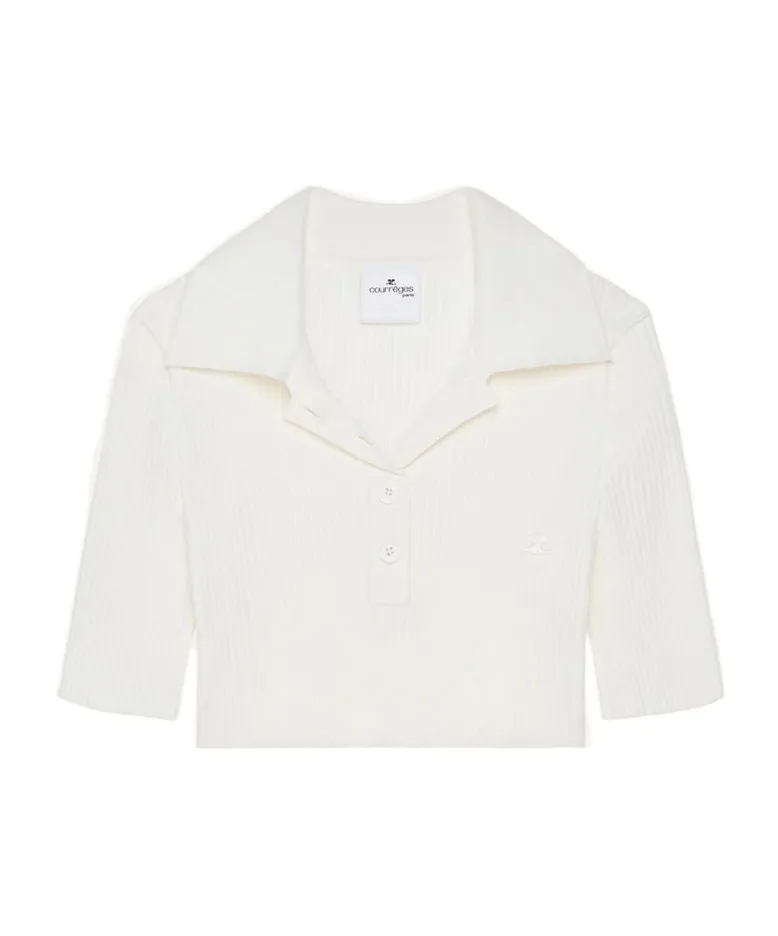 Half-Button Knitted Cropped Polo Top