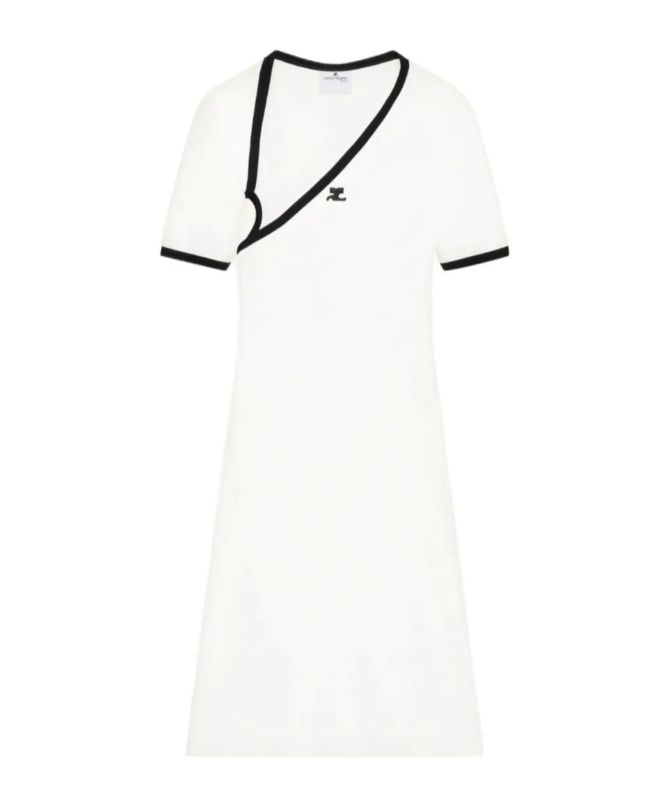 Asymmetric-Neck Contrasted Trim Mini Dress