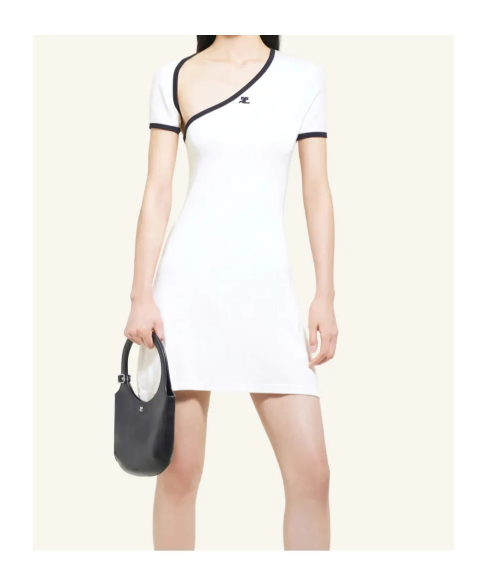Asymmetric-Neck Contrasted Trim Mini Dress