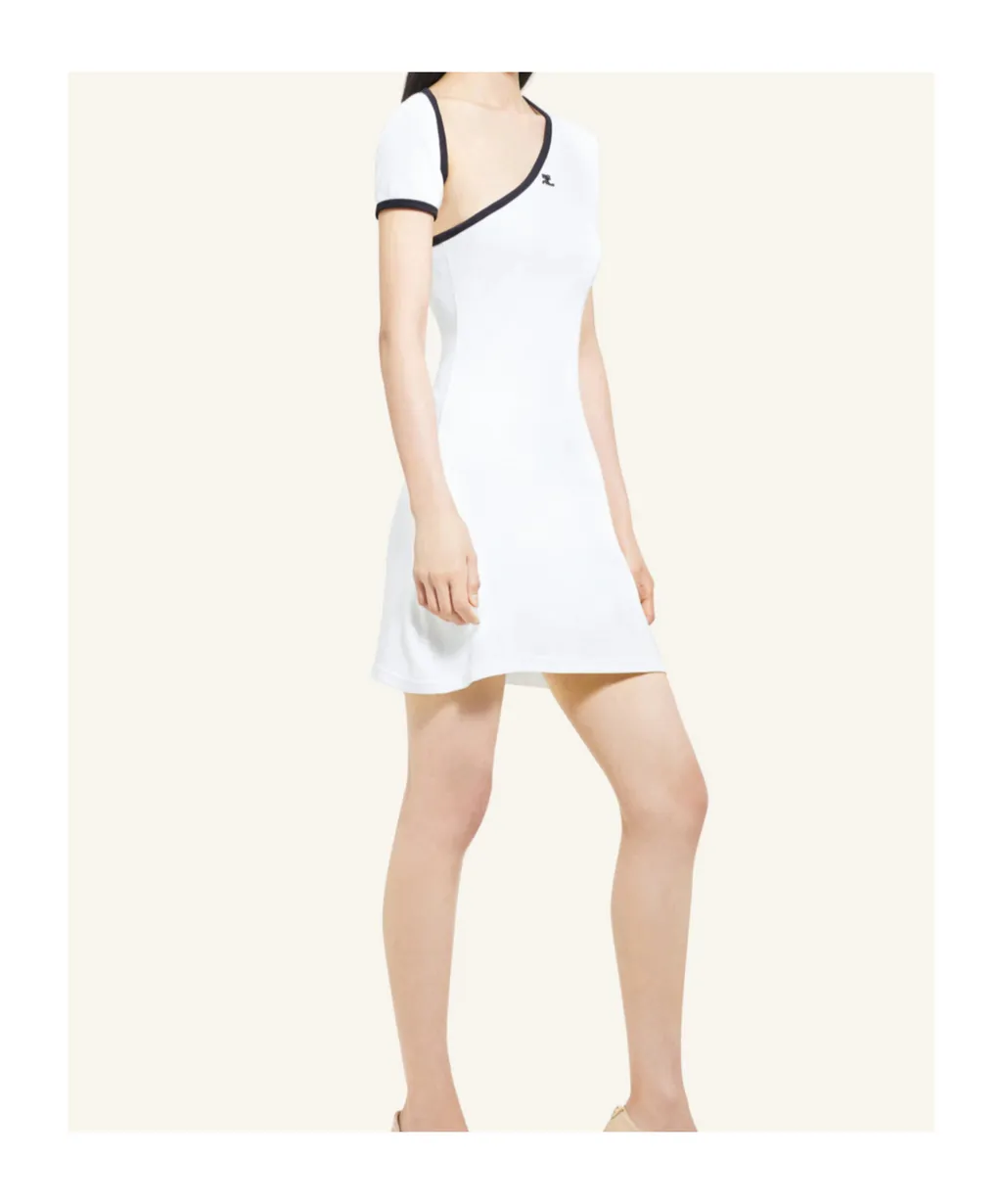 Asymmetric-Neck Contrasted Trim Mini Dress