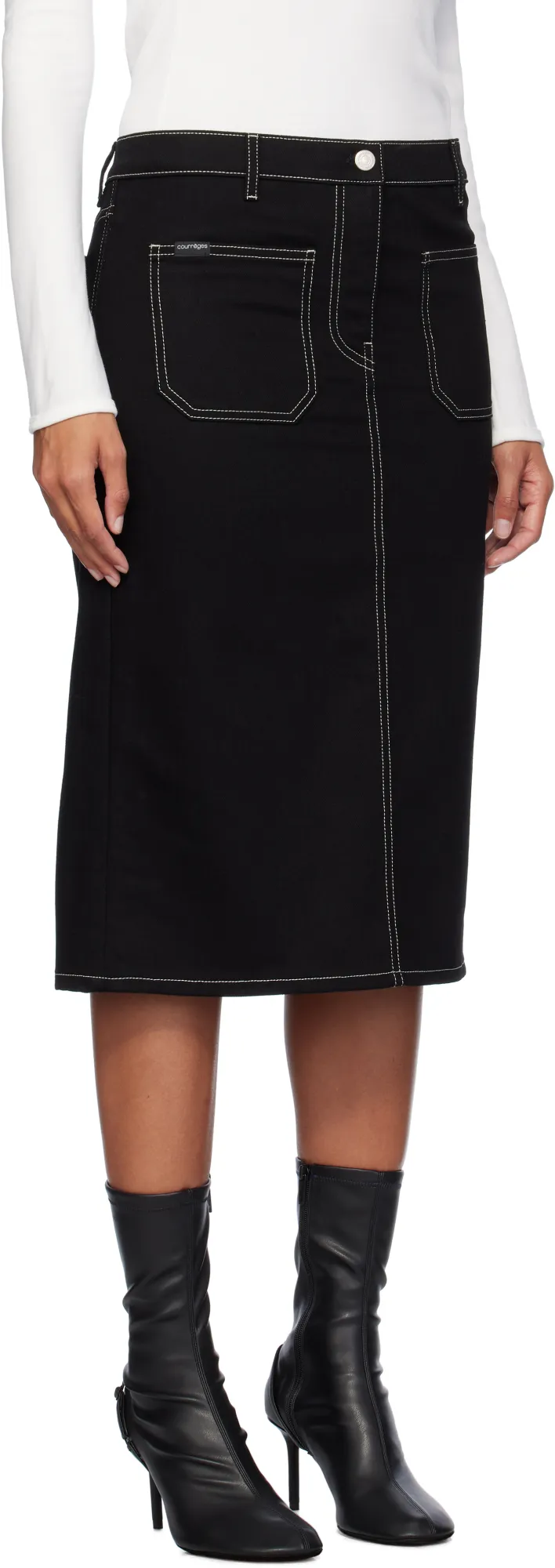 Topstitched Denim Midi Skirt