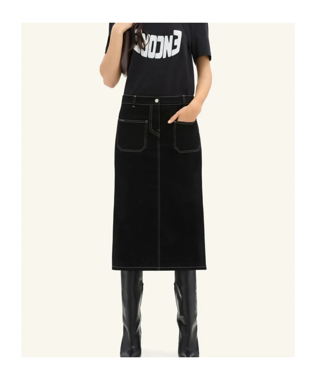 Topstitched Denim Midi Skirt
