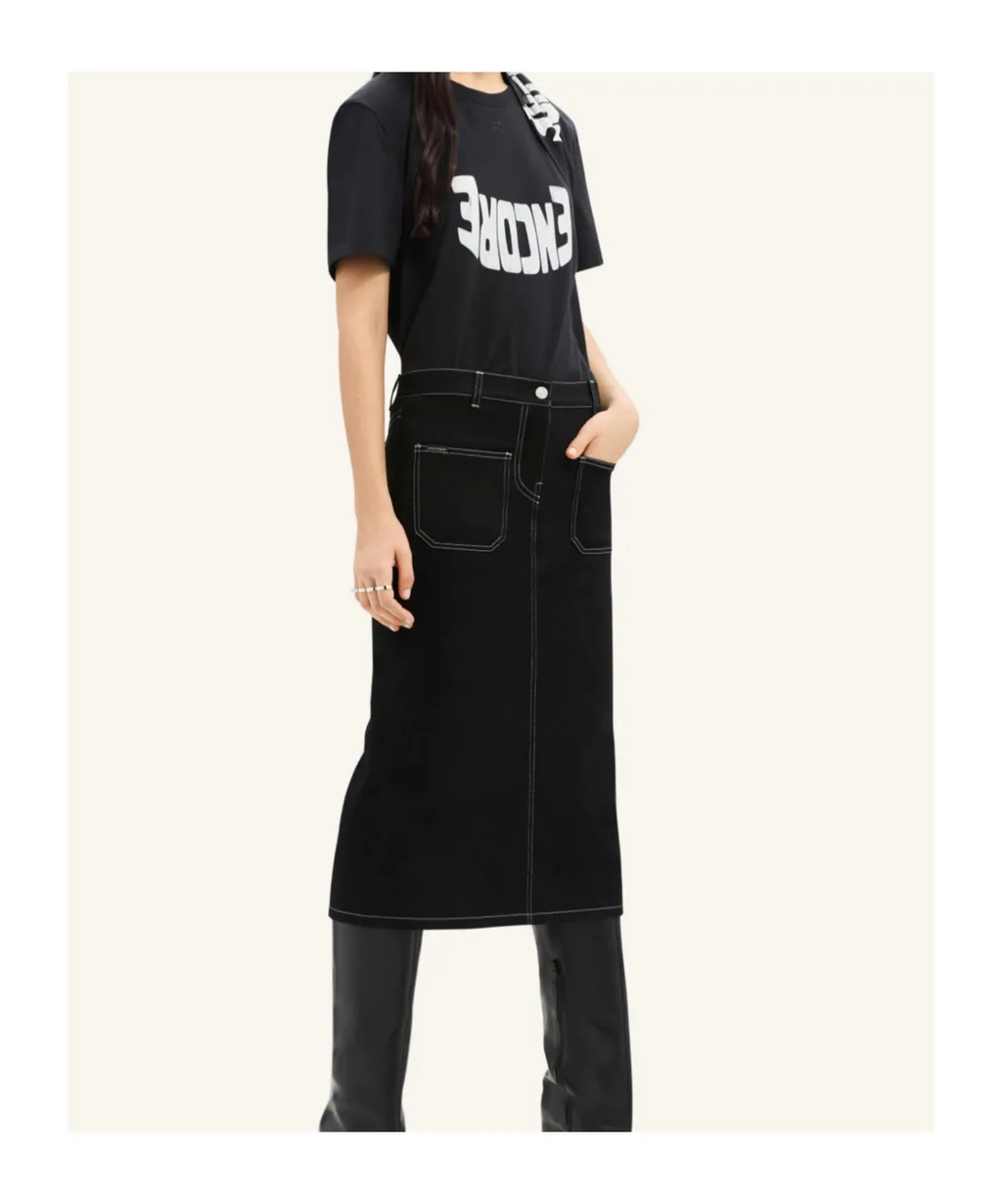 Topstitched Denim Midi Skirt