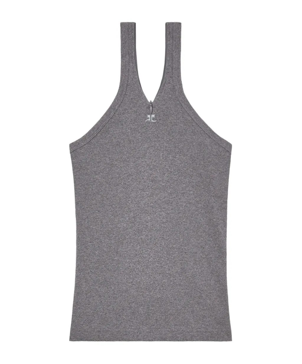 Zipped Ribbed Sleeveless Tank Top