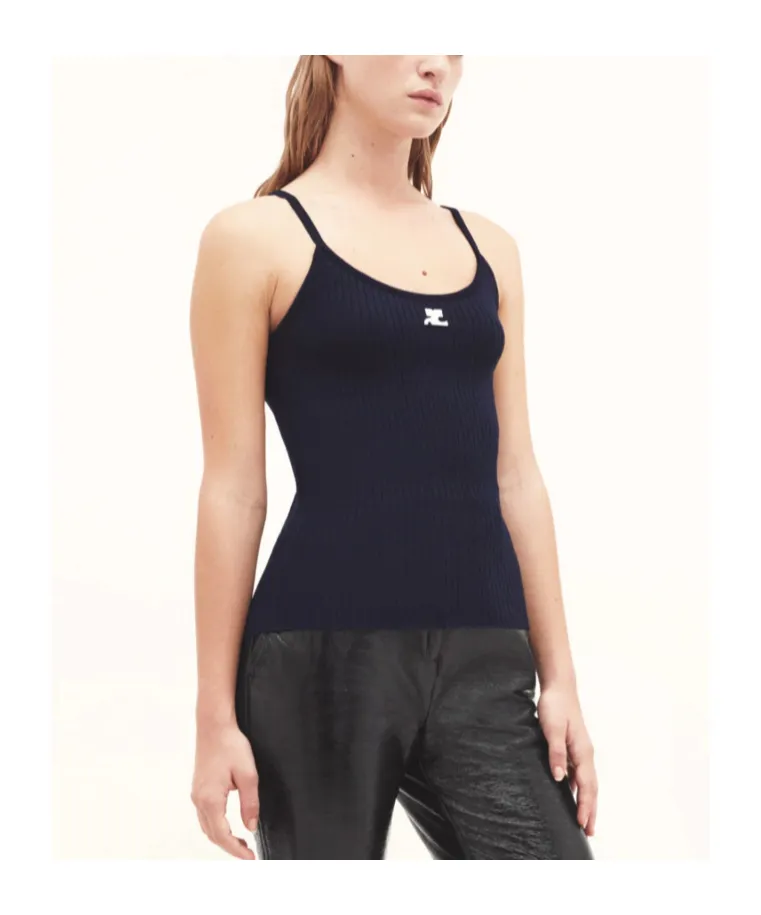 Logo Embroidered Ribbed Sleeveless Top