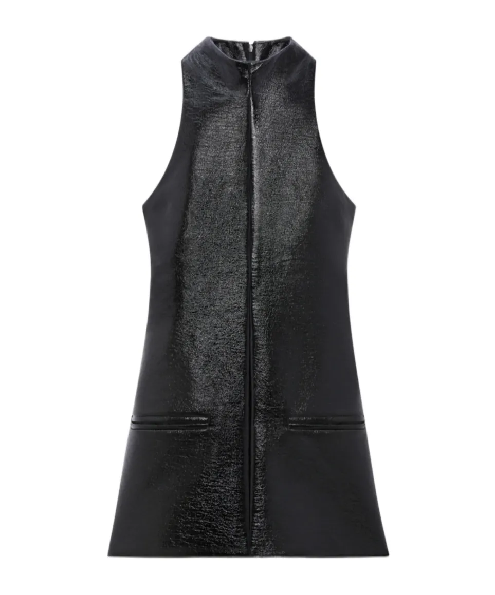 Mock-Neck Sleeveless Vinyl A-Line Dress