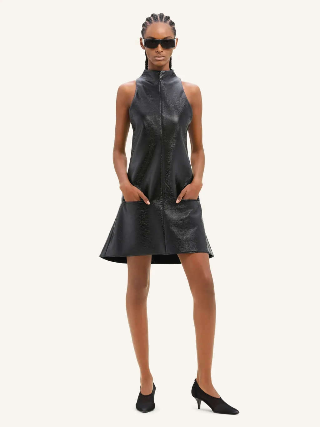 Mock-Neck Sleeveless Vinyl A-Line Dress