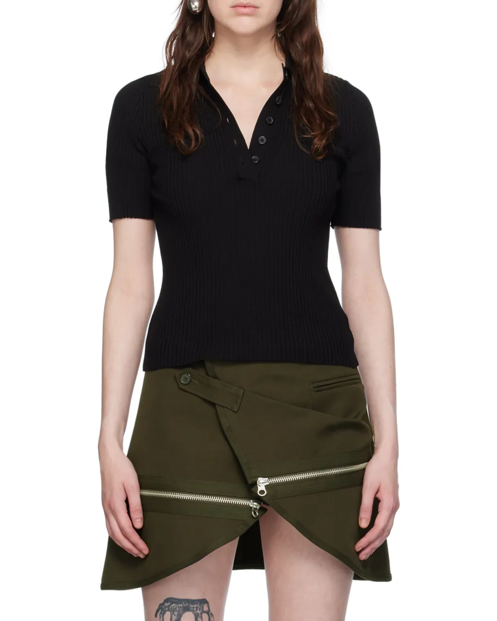 Logo Patch Button Detailed Ribbed Polo Top