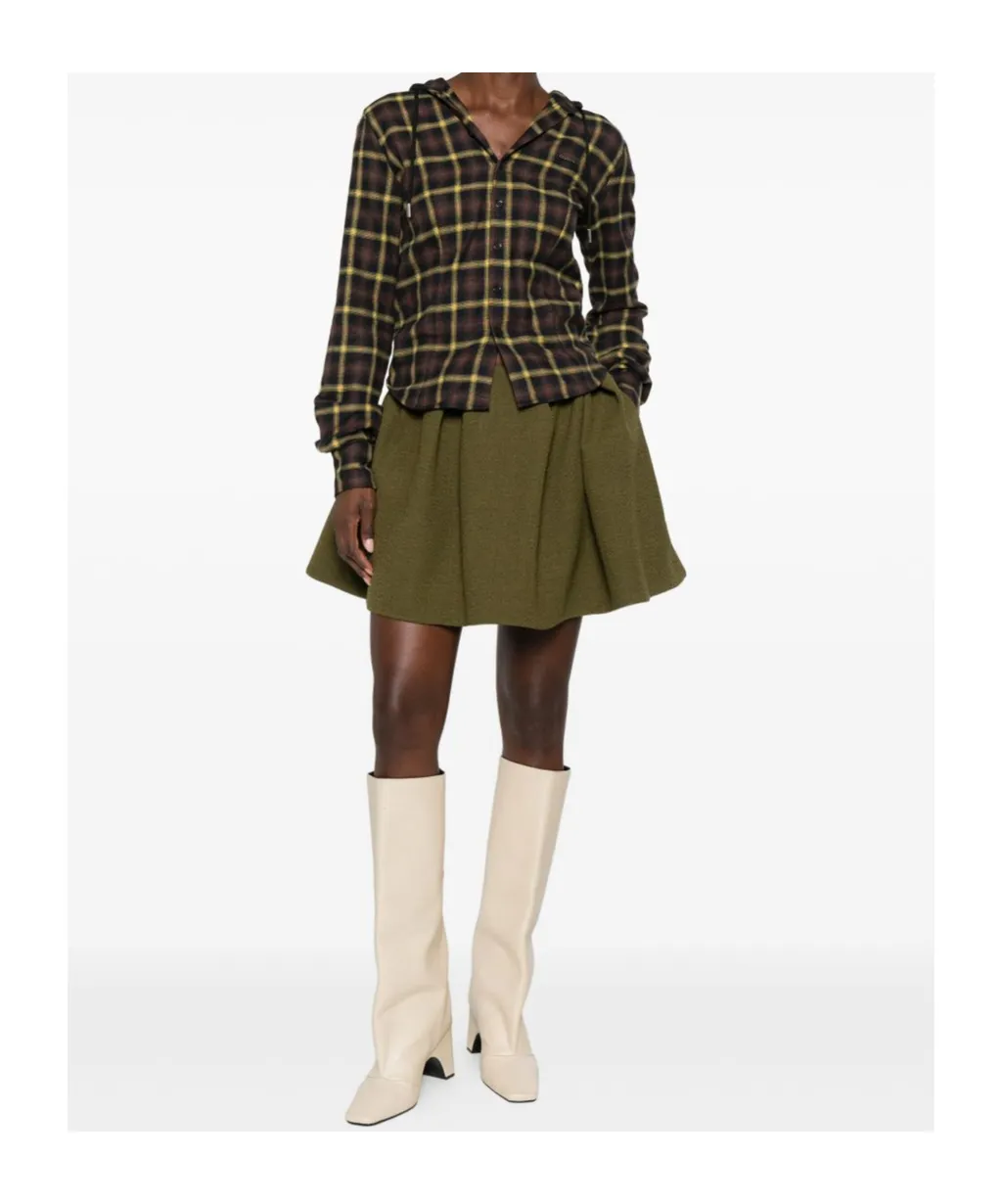 Check Patterned Drawstring Hooded Shirt