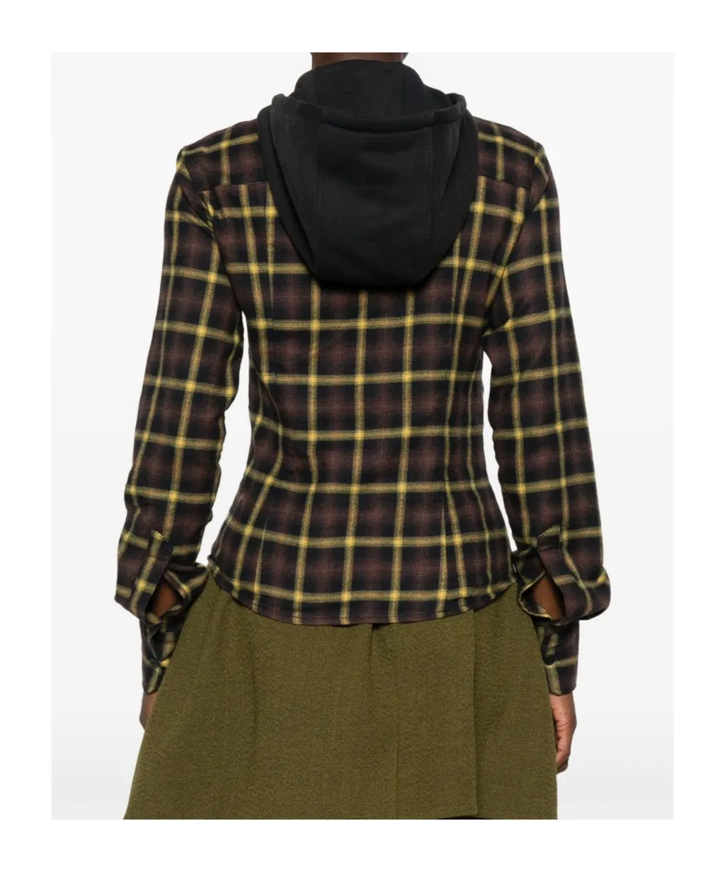 Check Patterned Drawstring Hooded Shirt
