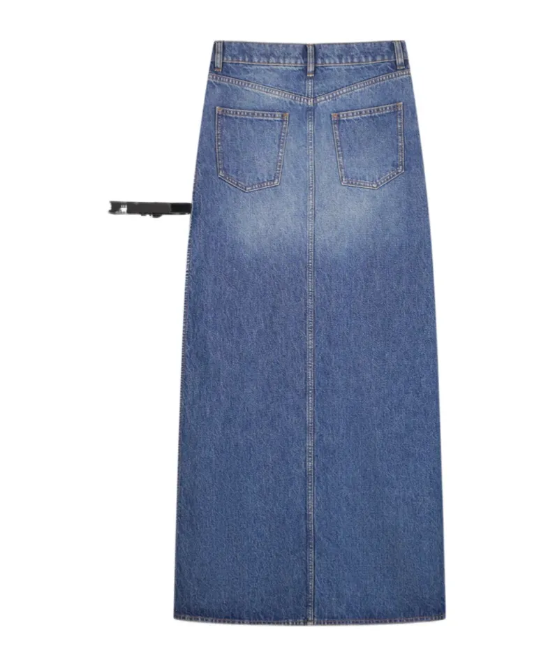 Belt-Detail Side-Split Denim Skirt