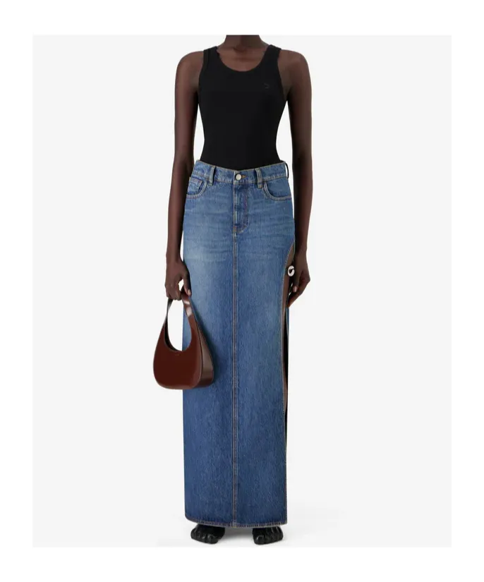 Belt-Detail Side-Split Denim Skirt