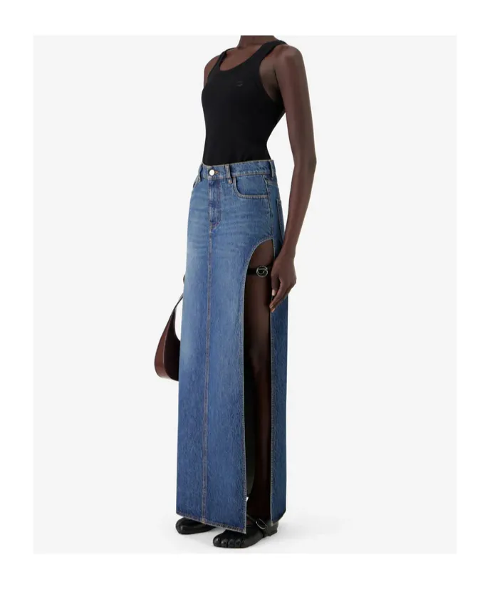 Belt-Detail Side-Split Denim Skirt