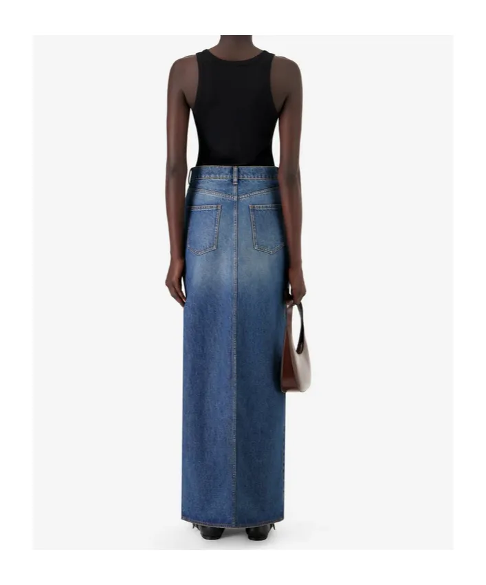 Belt-Detail Side-Split Denim Skirt