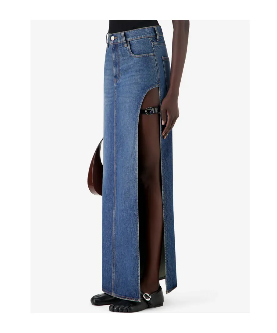 Belt-Detail Side-Split Denim Skirt