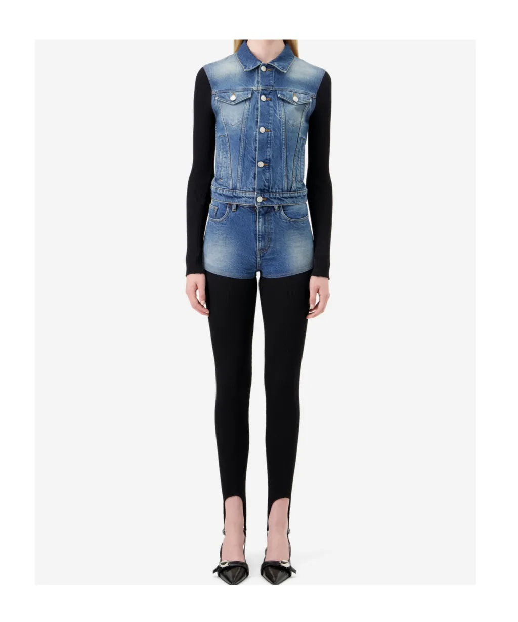 Retro Washed Denim Shorts With Ribbed Tights