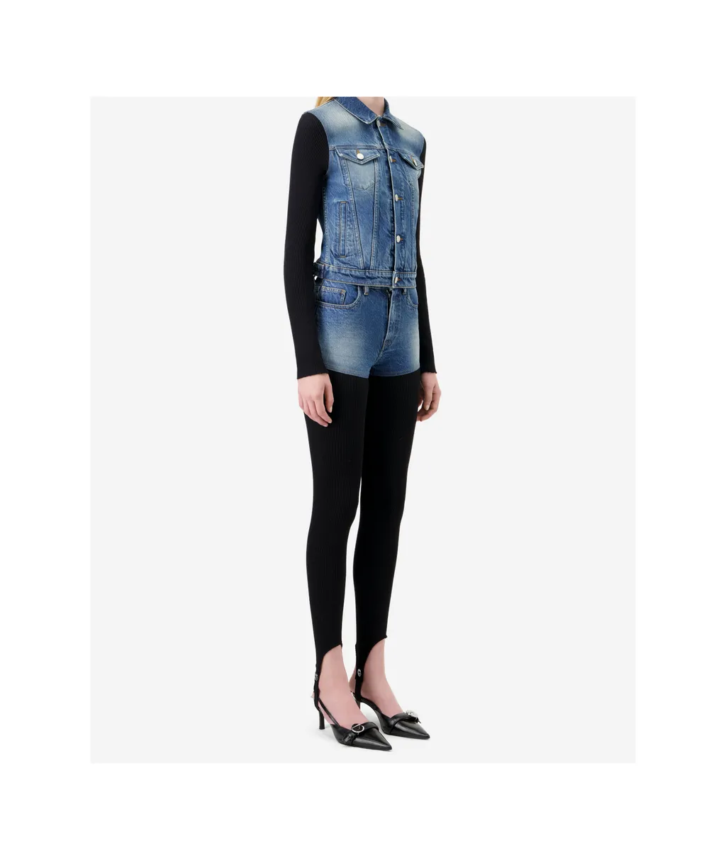 Retro Washed Denim Shorts With Ribbed Tights