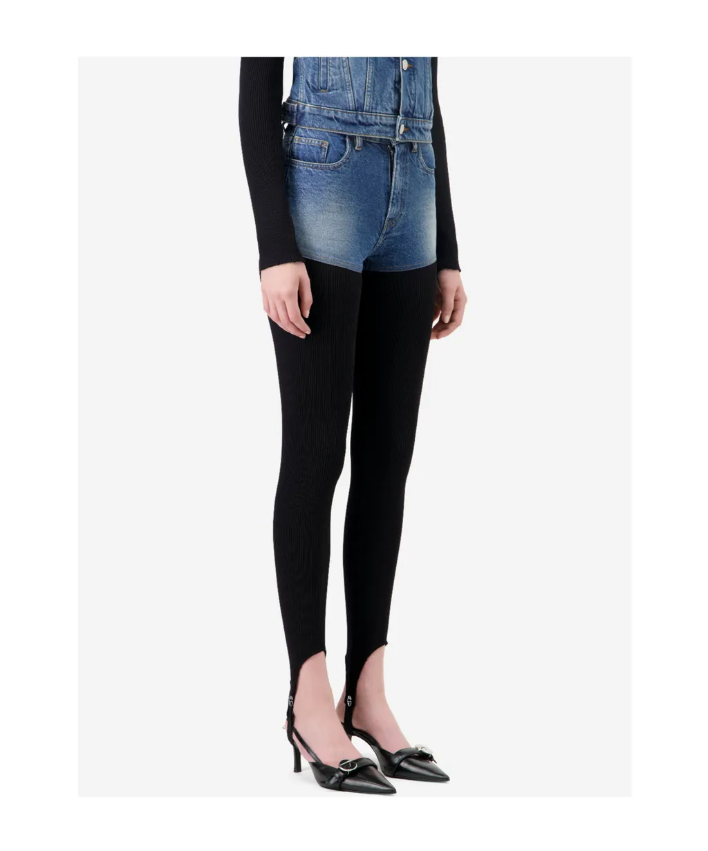 Retro Washed Denim Shorts With Ribbed Tights