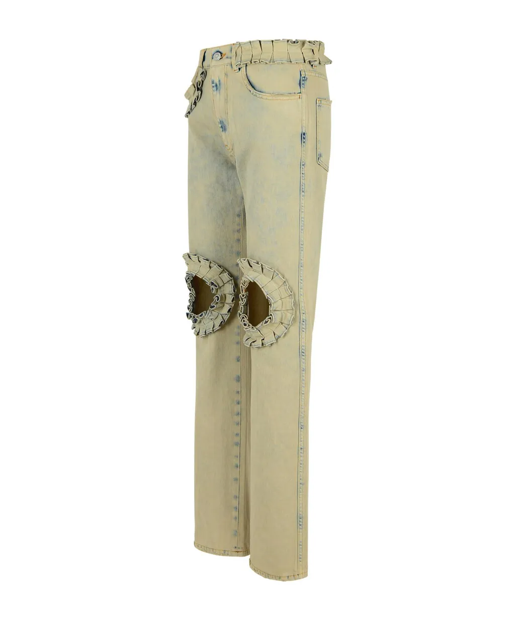 Ruffle-Detail Cut-Out Boyfriend Jeans