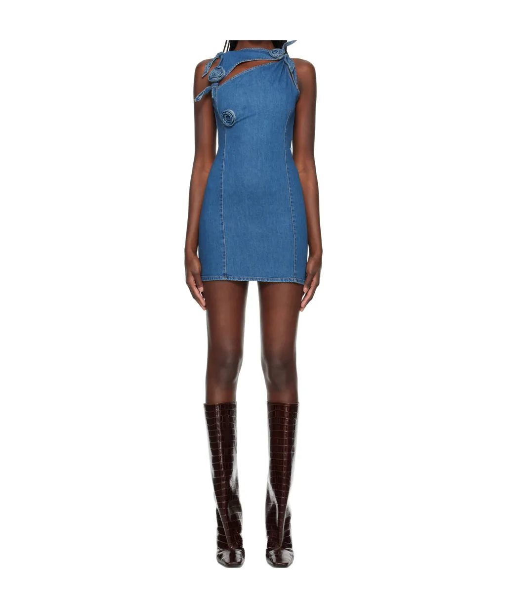 Asymmetric Flower Mini Denim Dress