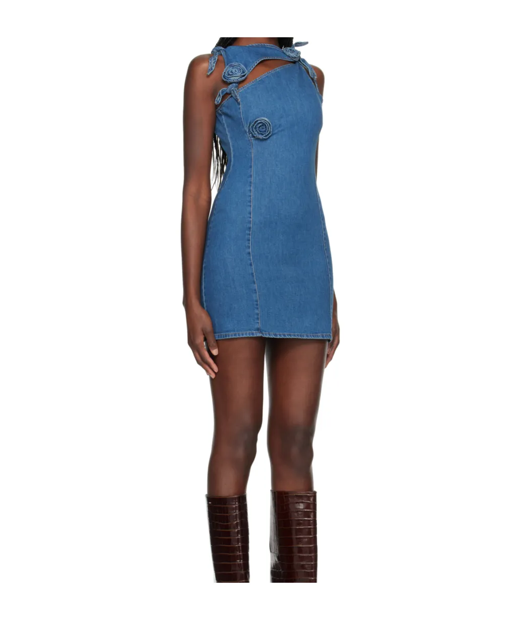 Asymmetric Flower Mini Denim Dress