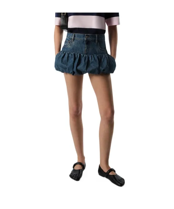 Gathered-Hem Denim Mini Skirt