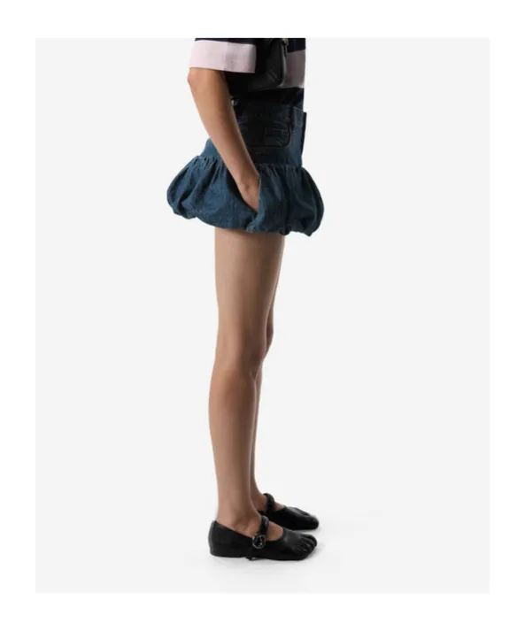Gathered-Hem Denim Mini Skirt
