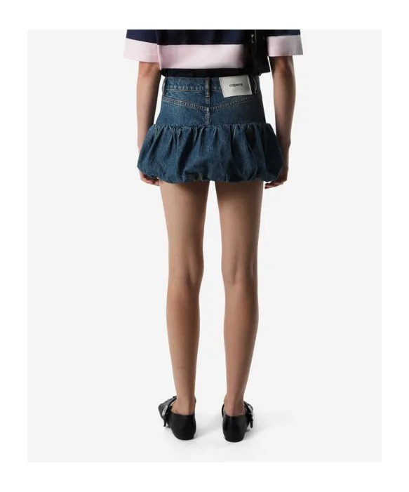 Gathered-Hem Denim Mini Skirt