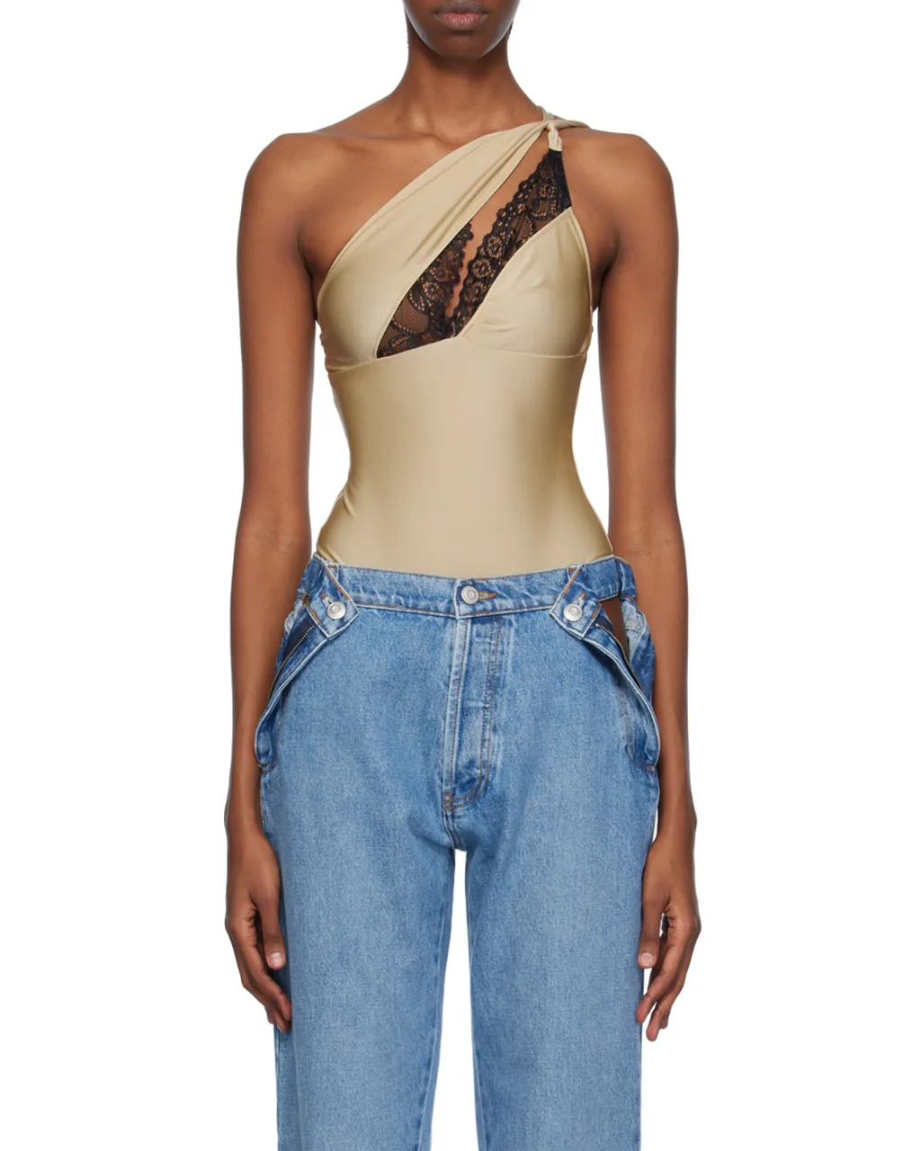 Lace-Detailed One-Shoulder Bodysuit