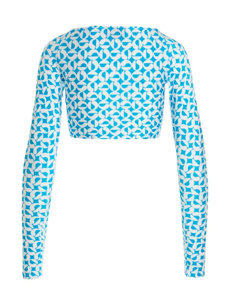 Patterned Ruched Long-Sleeved Cropped Top