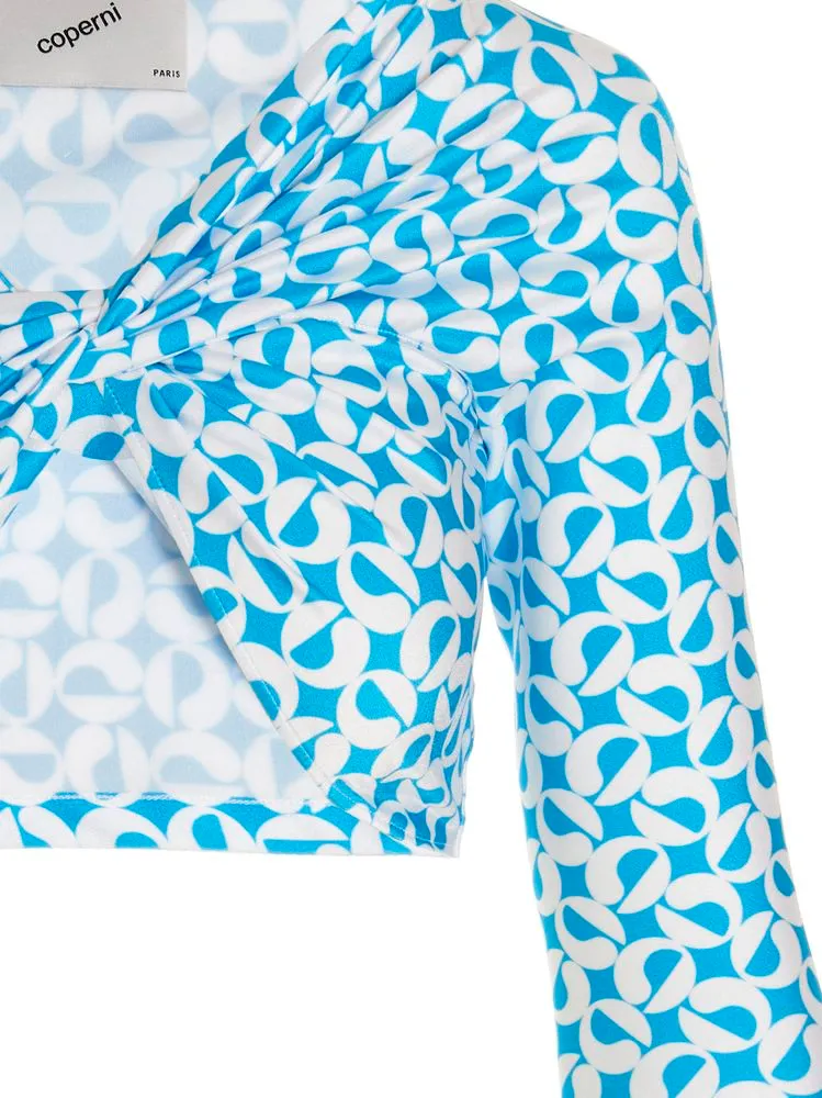 Patterned Ruched Long-Sleeved Cropped Top