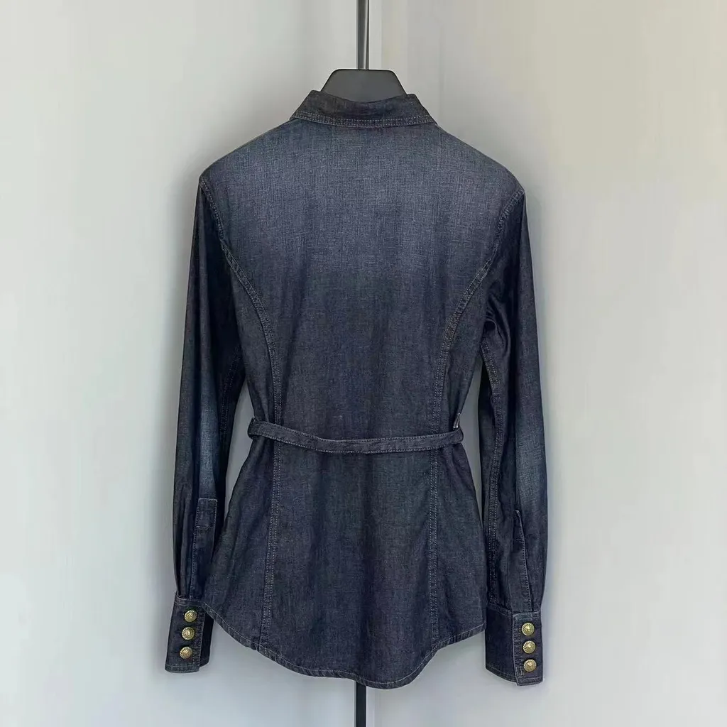 Belted Button-Up Denim Shirt