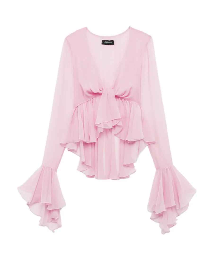 Ruffled Long-Sleeve Silk Blouse