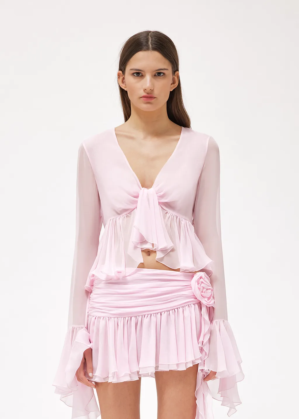 Ruffled Long-Sleeve Silk Blouse