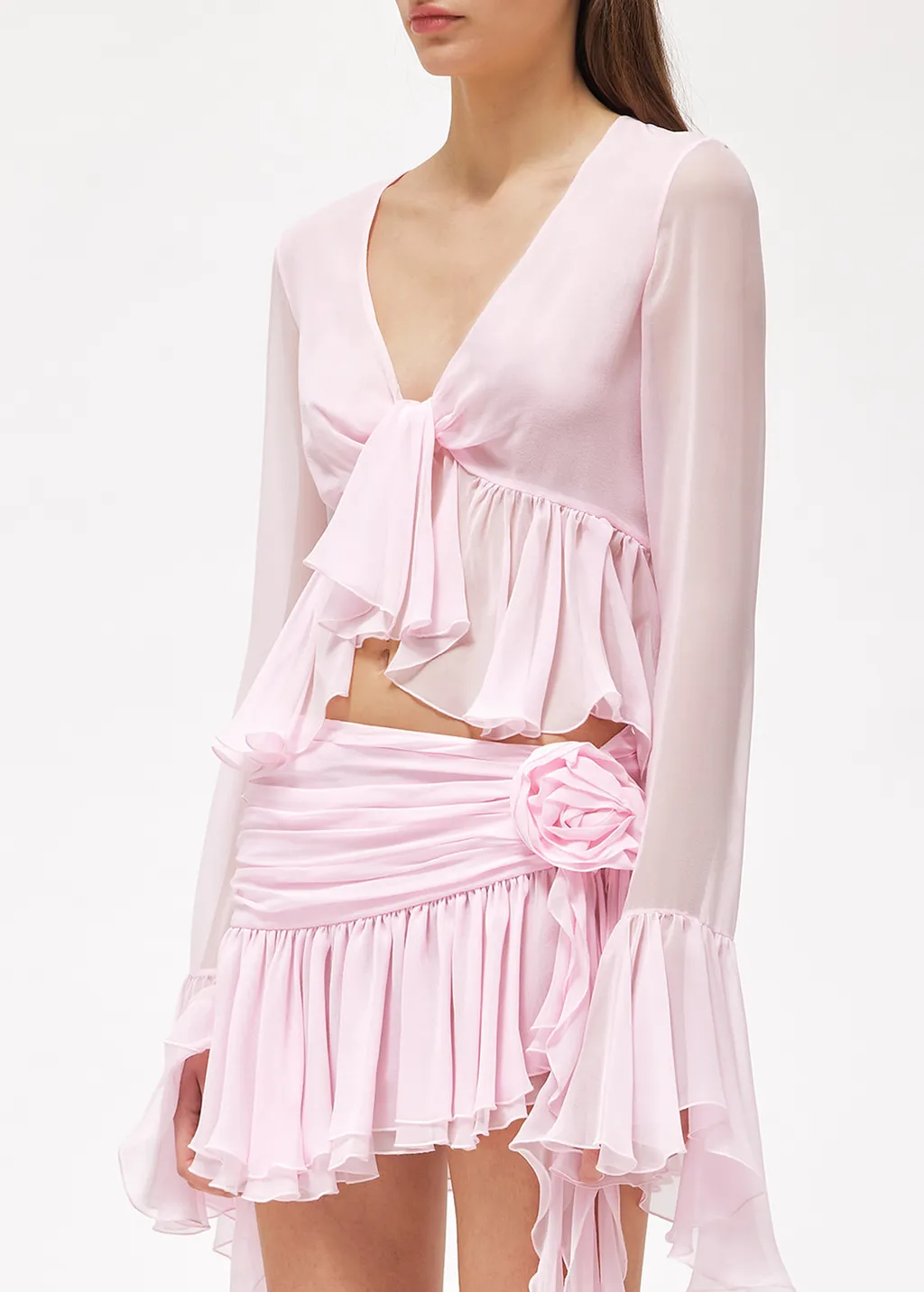 Ruffled Long-Sleeve Silk Blouse