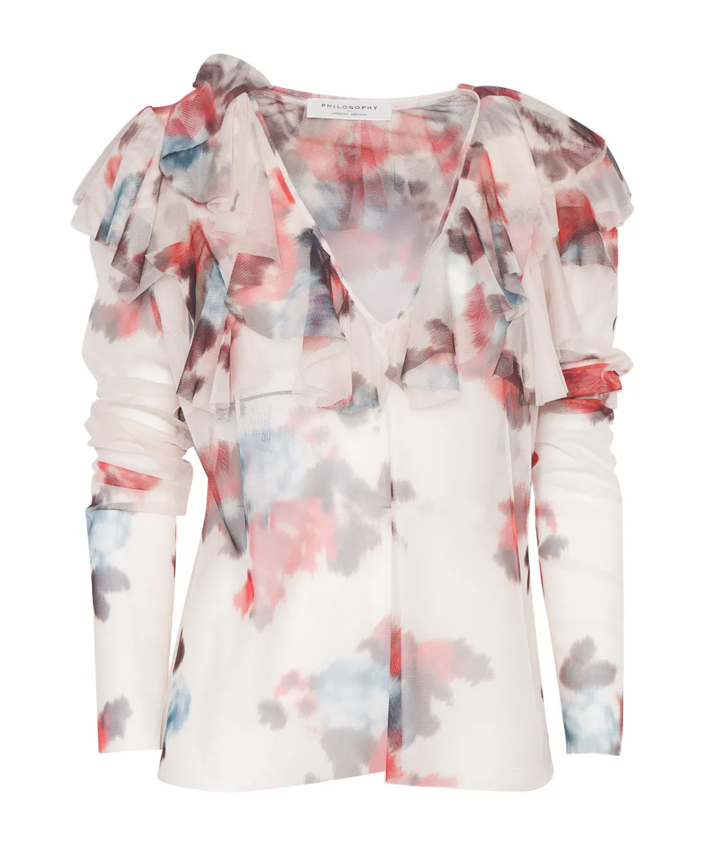 Ruffled-Neckline Floral-Print Blouse