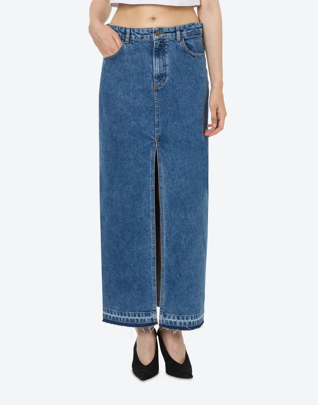 Mid-Rise Denim Maxi Skirt