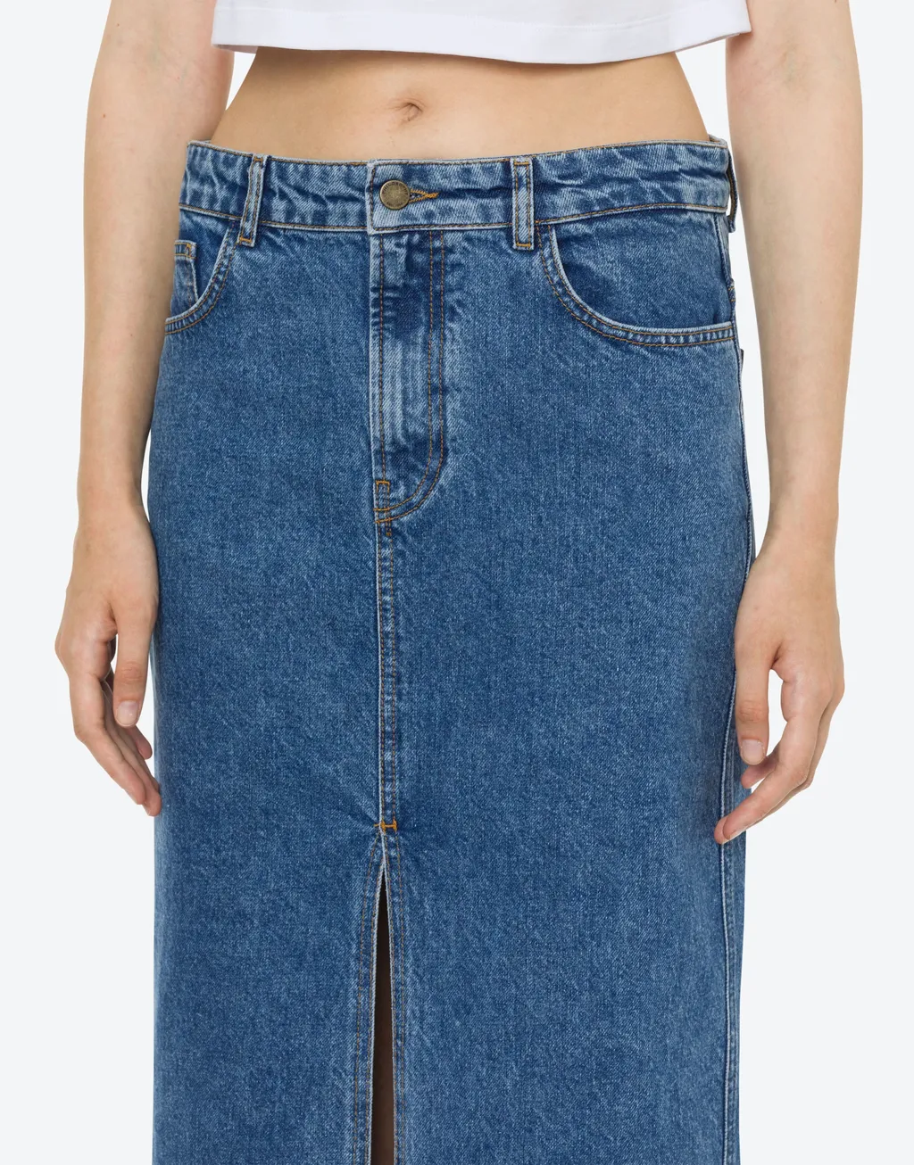 Mid-Rise Denim Maxi Skirt