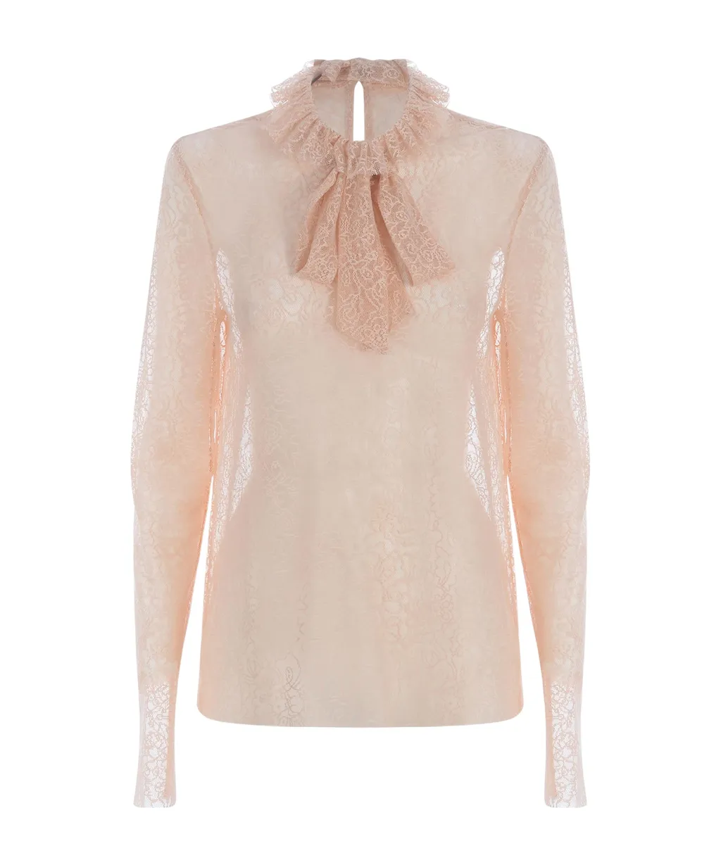 Floral-Lace High-Neck Sheer Blouse, 2