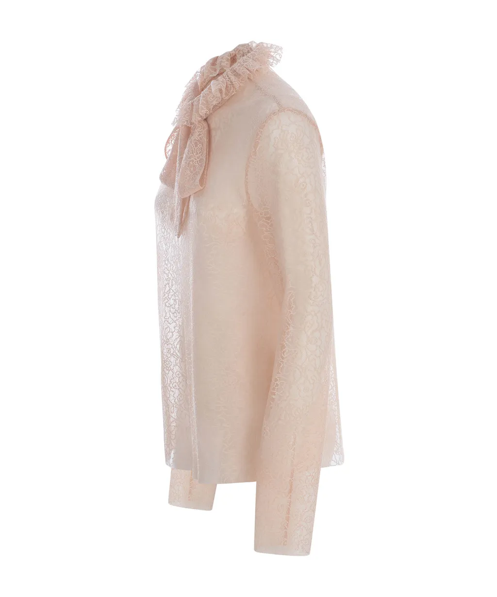 Floral-Lace High-Neck Sheer Blouse, 3