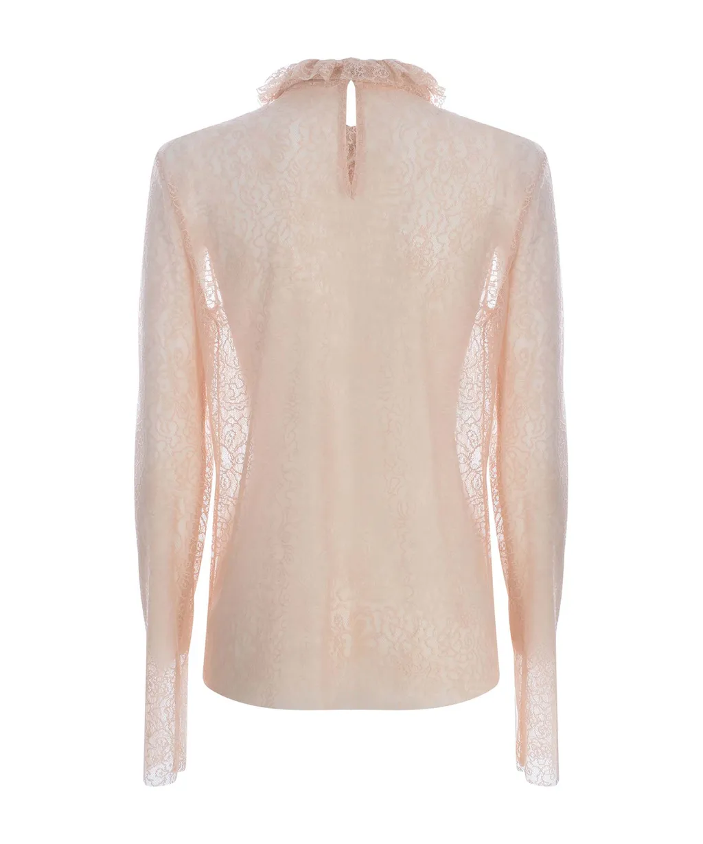 Floral-Lace High-Neck Sheer Blouse, 1