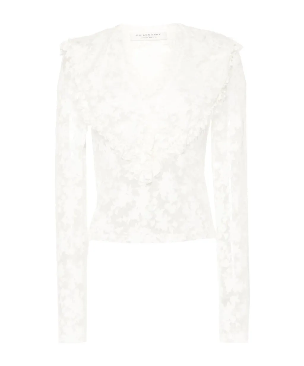 Floral-Motif V-Neck Semi-Sheer Blouse, 1