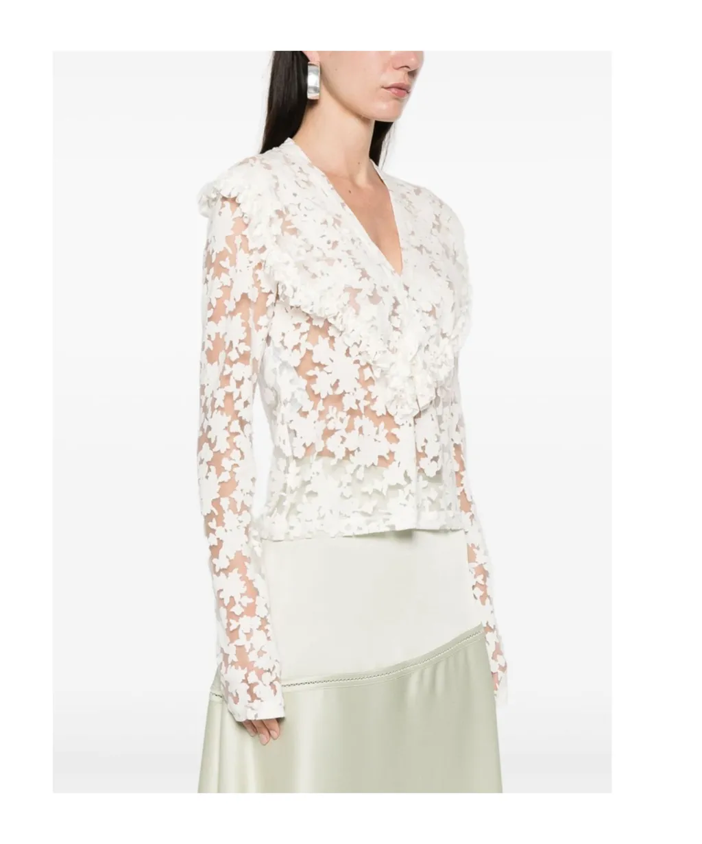 Floral-Motif V-Neck Semi-Sheer Blouse, 3