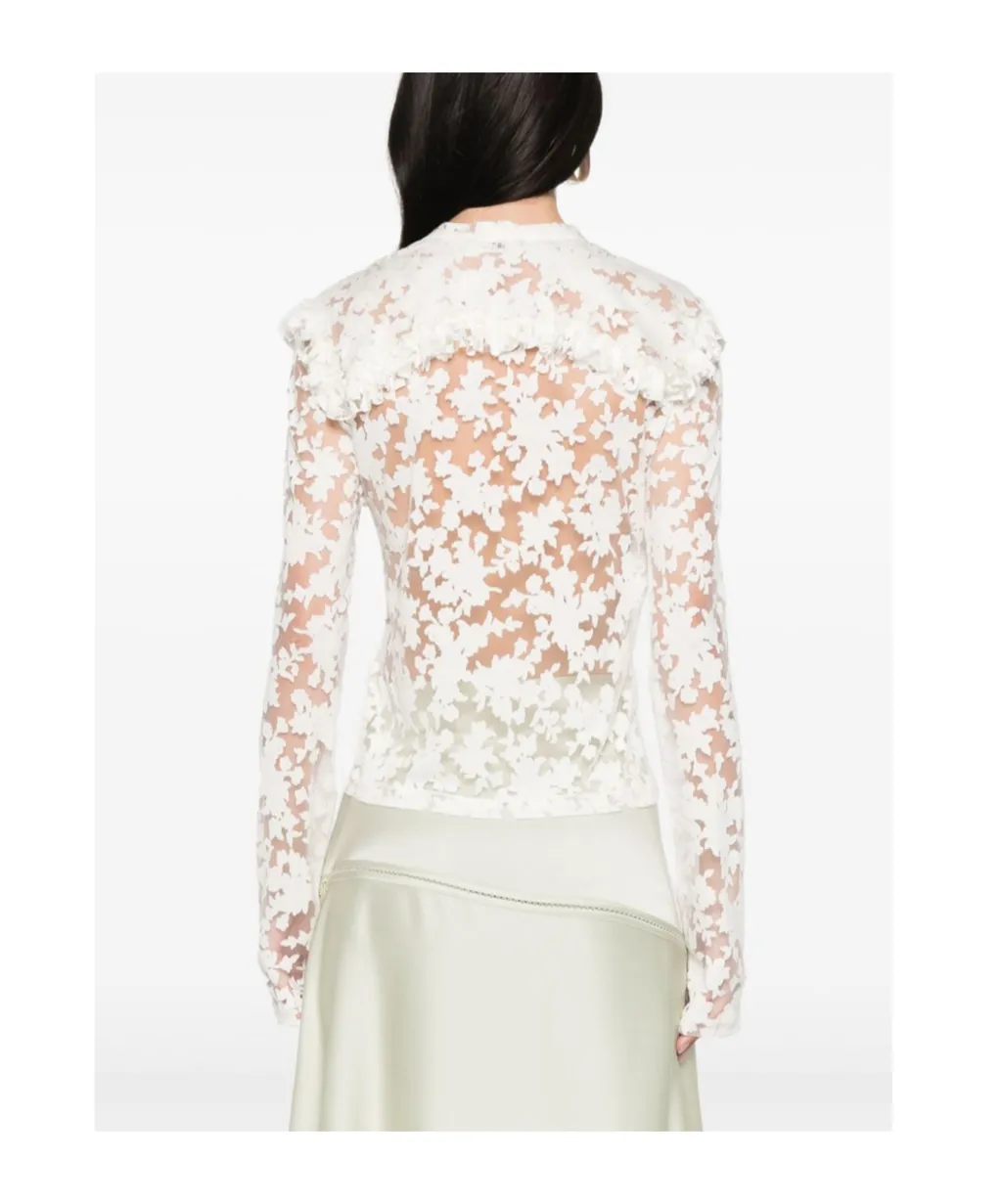 Floral-Motif V-Neck Semi-Sheer Blouse, 2