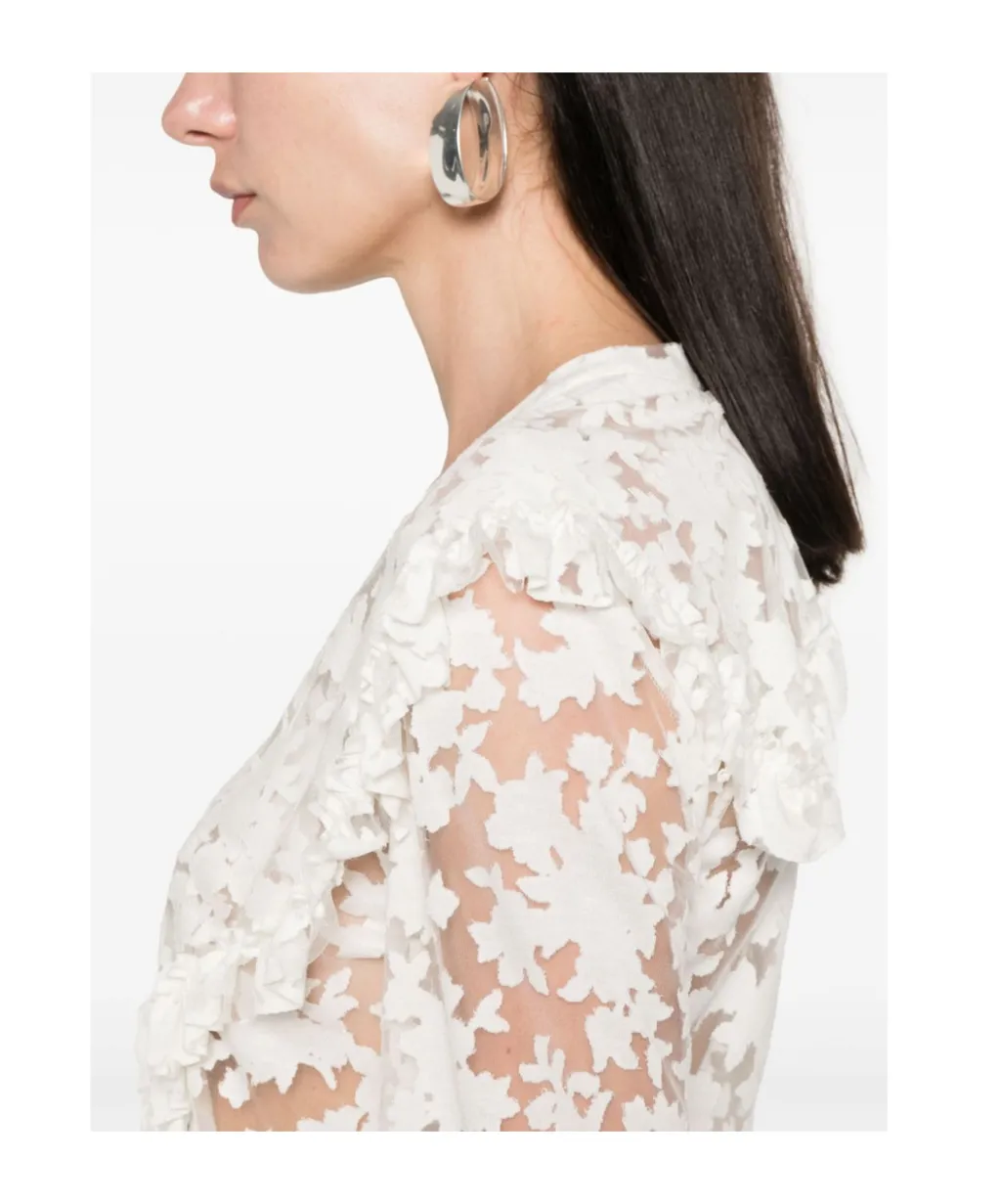 Floral-Motif V-Neck Semi-Sheer Blouse, 4
