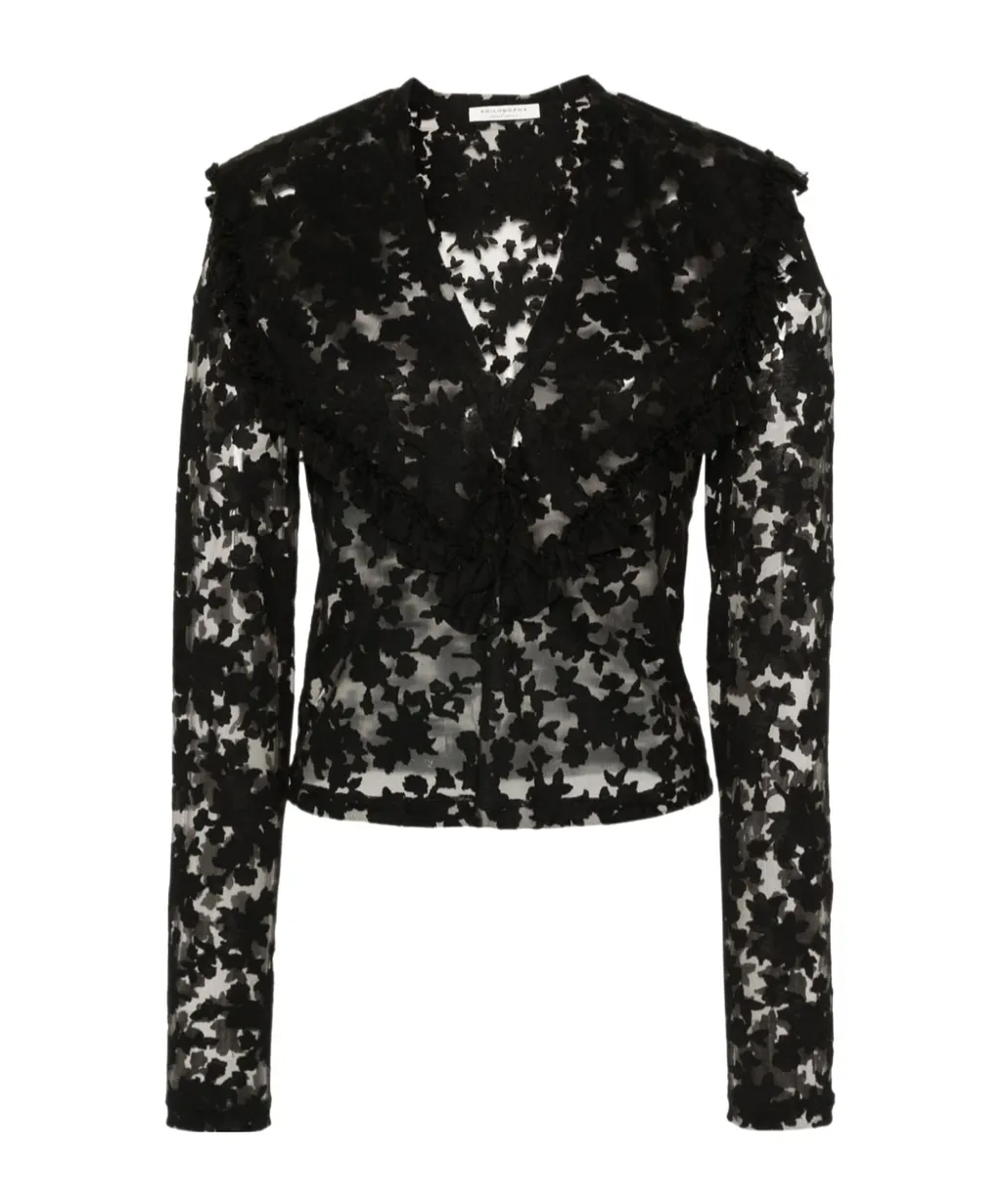 Floral-Motif V-Neck Semi-Sheer Blouse, 2