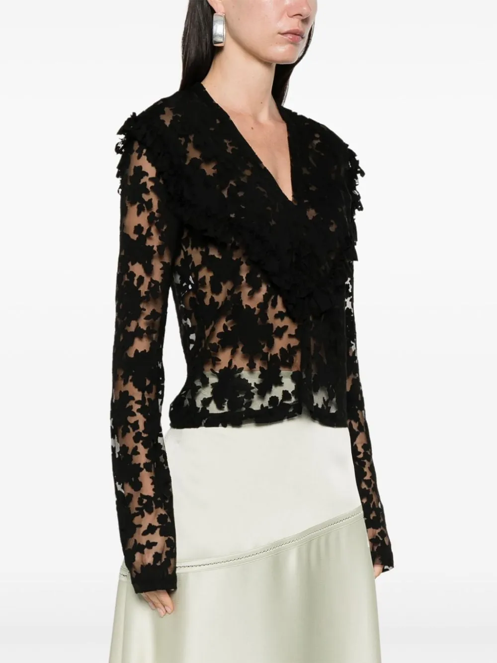 Floral-Motif V-Neck Semi-Sheer Blouse, 4