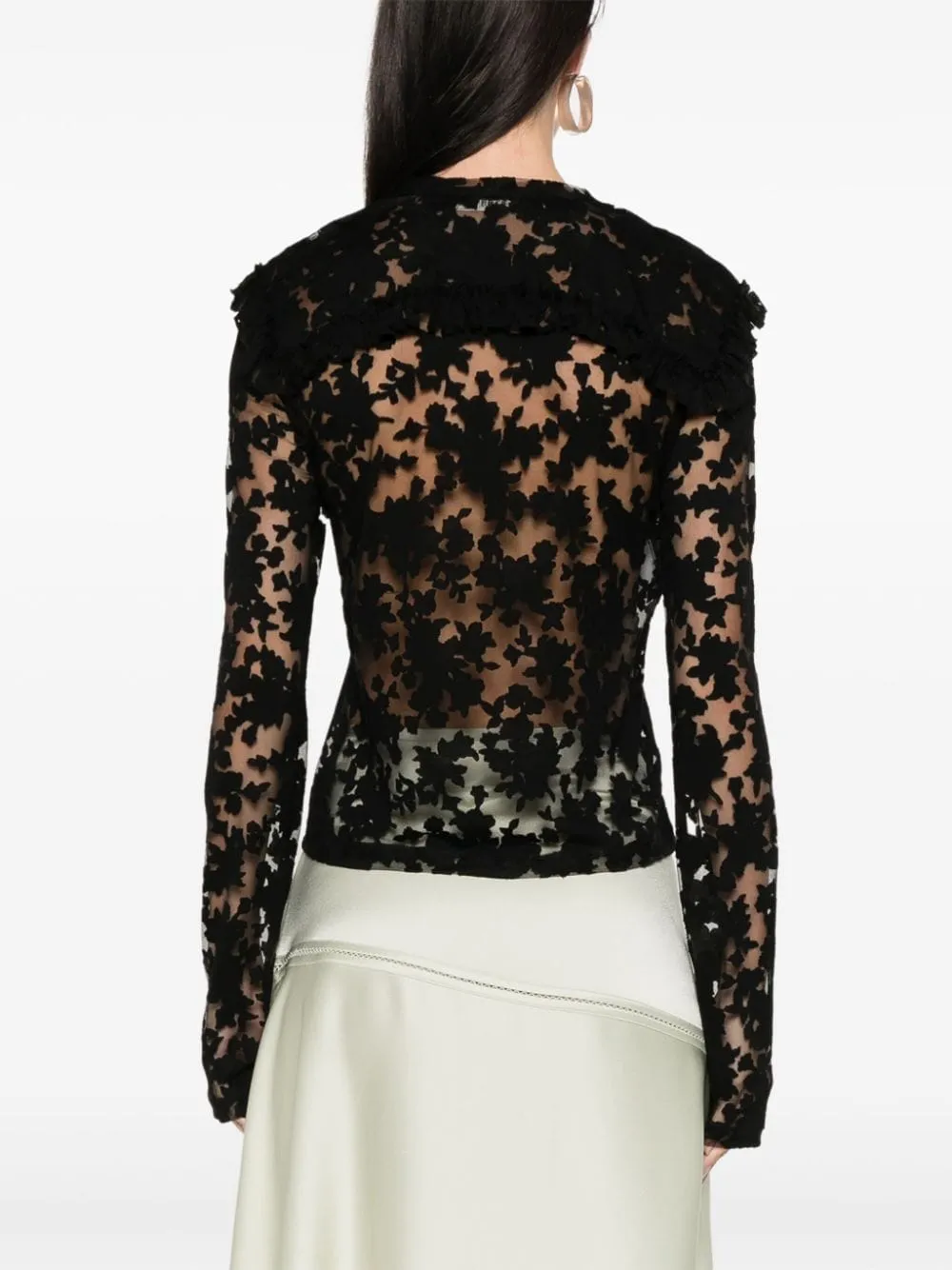 Floral-Motif V-Neck Semi-Sheer Blouse, 3