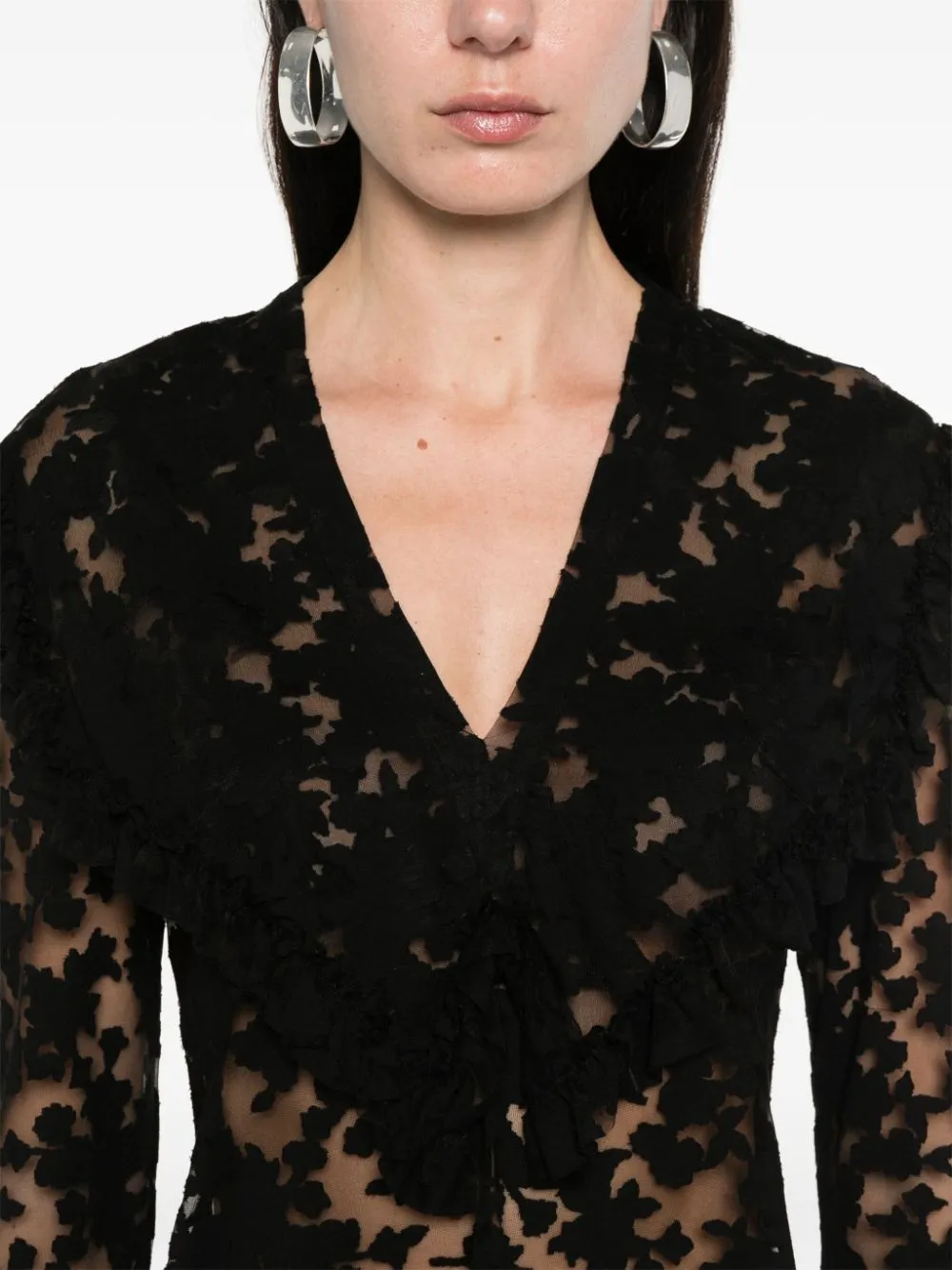 Floral-Motif V-Neck Semi-Sheer Blouse, 1